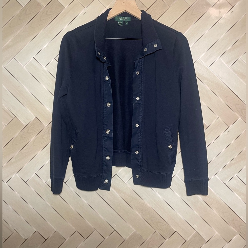Lauren‎ Ralph Lauren cotton navy button up sweater size Medium petite